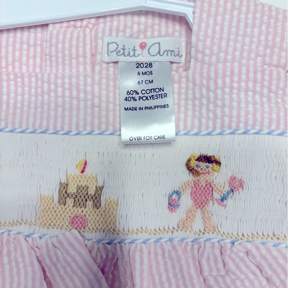 PETIT AMI ROMPER & HAT SIZE 6 MONTHS 
PINK SEERSUCKER FABRIC SNAPS IN CROTCH - Picture 2 of 5